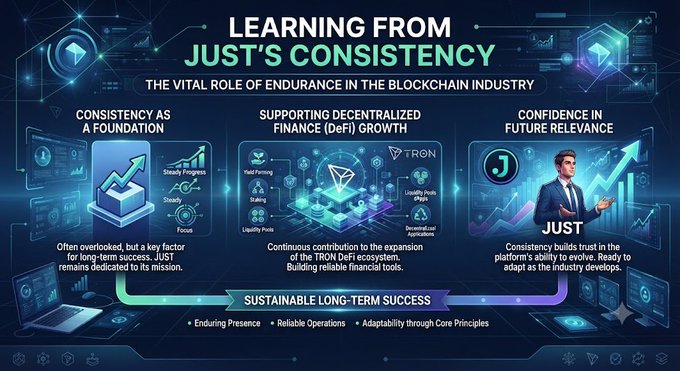 A futuristic blue-toned infographic titled "Learning from JUST's Consistency: The Vital Role of Endurance in the Blockchain Industry," featuring three panels—Consistency as a Foundation, Supporting Decentralized Finance (DeFi) Growth with TRON, and Confidence in Future Relevance—that highlight JUST's steady focus, steady progress, and role in TRON's DeFi ecosystem, all flowing toward Sustainable Long-Term Success.