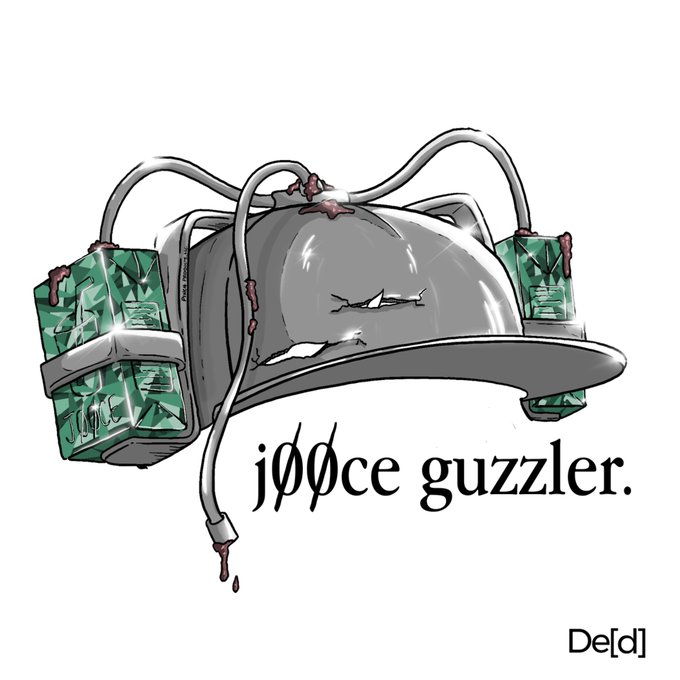 An illustration of a gray cap with wires connecting to two glowing green battery-like canisters labeled 'juice', with the text 'juice guzzler.' and 'De[d]'.