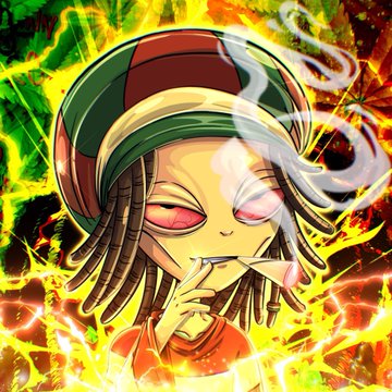 A cartoon character wearing a beanie and a red jacket smokes a cigarette, surrounded by intense green and orange flames.
