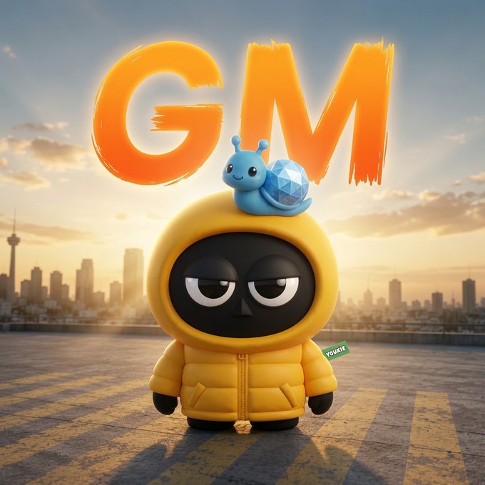 A 3D-rendered character in a yellow puffer jacket with a grumpy expression has a small blue snail resting on its head, set against a city skyline backdrop with large orange "GM" text above.