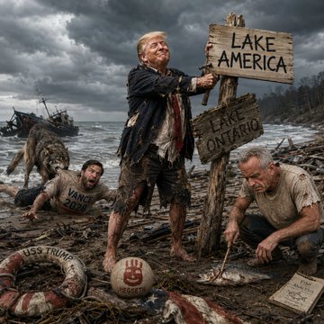 A satirical illustration of Donald Trump standing on a muddy shore holding a 'LAKE AMERICA' sign, with a 'LAKE ONTARIO' sign below, surrounded by distressed men labeled 'VANCOUVER' and 'USS TRUMP'.