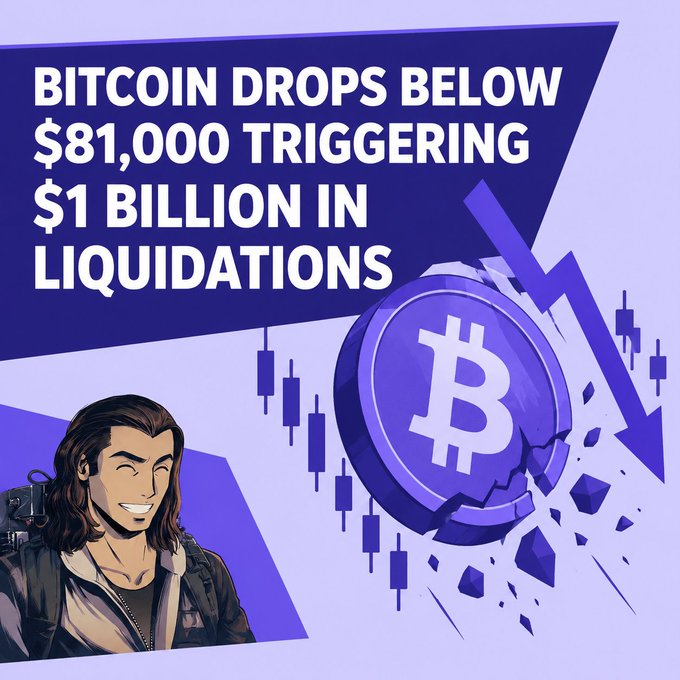 A financial graphic with the headline 'BITCOIN DROPS BELOW $81,000 TRIGGERING $1 BILLION IN LIQUIDATIONS', featuring a cracked Bitcoin coin and a candlestick chart.