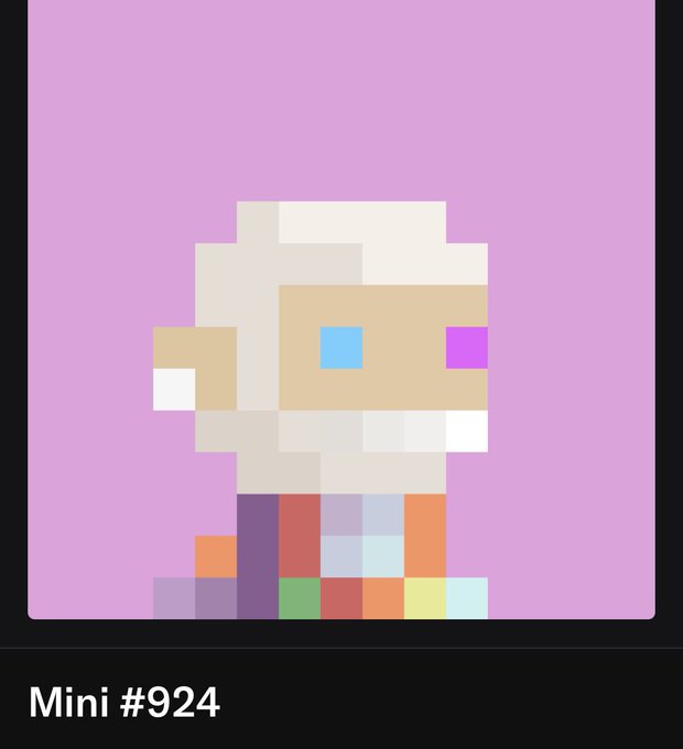 A minimalist pixel art portrait labeled 'Mini #924' depicting a blocky character with white hair, pale skin, and mismatched blue and pink eyes against a solid purple background.