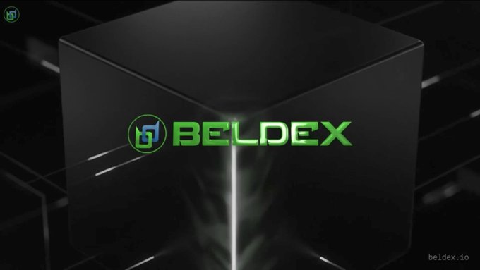 The image displays the Beldex logo and branding ("BELDEX") prominently on a sleek, dark 3D cube with green accents, with the website "beldex.io" in the corner. This visual reinforces the post's message about @BeldexCoin providing a unified, consistent privacy ecosystem across messaging, browsing, and payments, eliminating the need to switch between apps with varying privacy guarantees.