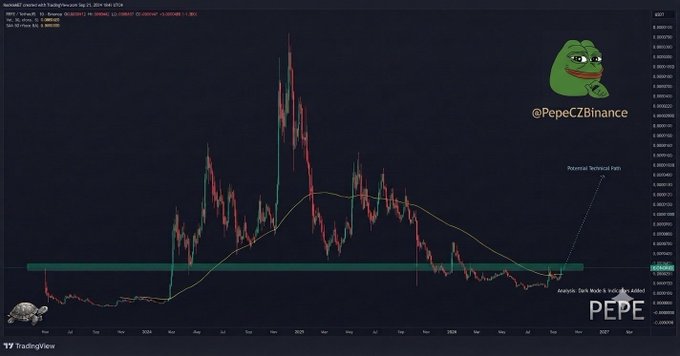A long-term TradingView chart for PEPE/USDT showing a massive peak in late 2024 and subsequent decline, annotated with 'Potential Reversal Path' and shared by @PepeCzBinance.