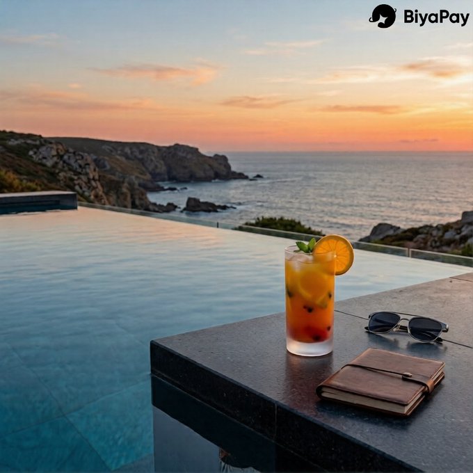 A serene sunset scene by an infinity pool overlooking the ocean and rocky coastline, with a glass of iced beverage garnished with orange, sunglasses, and a brown notebook resting on the dark ledge, branded with the "BiyaPay" logo.