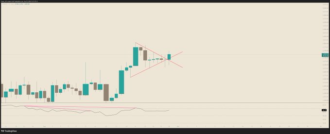 A trading chart from TradingView showing candlestick price action with a red downward-sloping trendline forming a bearish pattern, with the price appearing to be testing resistance near recent highs.