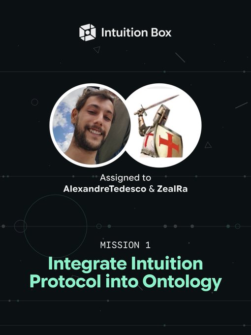 The image shows an advertisement for an online course called "Integrate Intuition Protocol into Ontology", which has been assigned to two individuals - @Cryptdsco and @zealra_. The course aims to teach users about integrating the @0xIntuition Protocol into ontology, providing a way to connect it with a wallet onchain claim. The post also mentions that the work is in progress and is being assigned to these two people for further development.