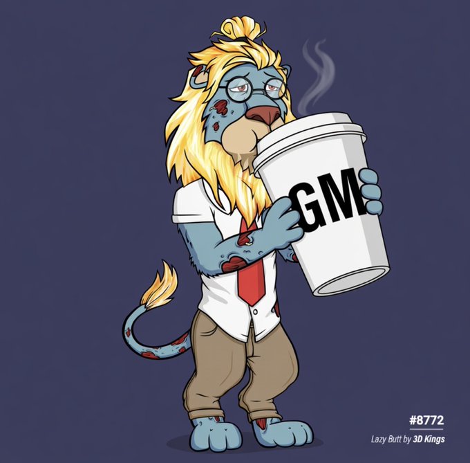 Digital artwork of an anthropomorphic blue lion character wearing a white shirt and red tie, covered in red blood splatters, drinking from an oversized white cup labeled 'GME' (#8772, 'Lazy Butt by 3D Kings').