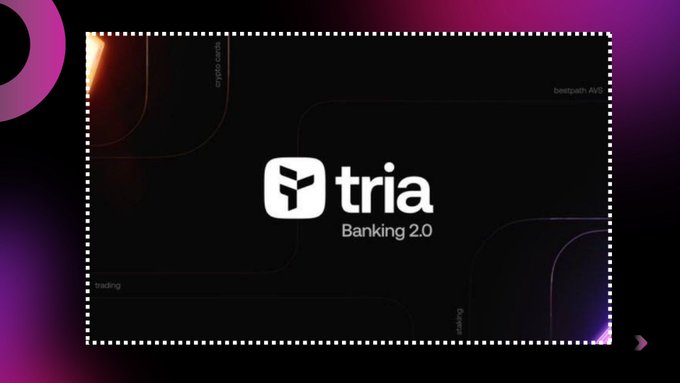 A dark promotional banner with a dotted border displaying the 'tria' logo and the tagline 'Banking 2.0' on a purple and pink gradient background.