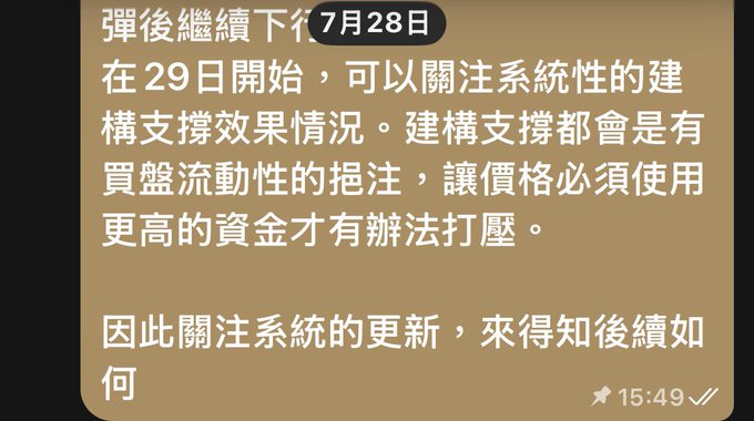 A screenshot of a Chinese-language message dated 7月28日 at 15:49 discusses post-bounce price action and monitoring systemic support levels starting from the 29th.