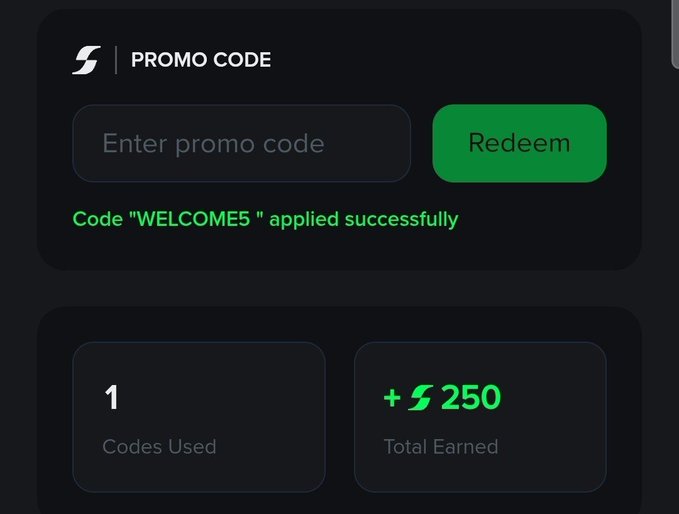 A dark-themed promo code interface showing the message 'Code "WELCOME5" applied successfully' with '1 Codes Used' and '+250 Total Earned' displayed below.