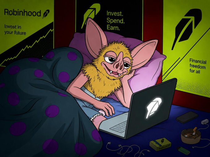 A furry bat-like creature lies in bed under a polka-dot comforter, illuminated by the glow of a Robinhood-branded laptop, with Robinhood posters reading "Invest in your future," "Invest. Spend. Earn.," and "Financial freedom for all" adorning the walls and an ashtray of roaches nearby—perfectly capturing the "hoodrat posting hours" vibe of late-night retail trading from bed.