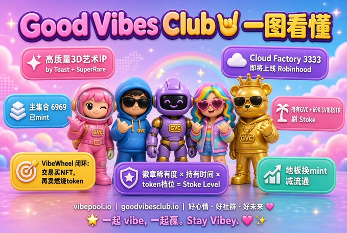 This is a colorful promotional graphic for the Good Vibes Club (GVC), featuring five 3D chibi-style characters — including a pink-haired girl, a masked figure with sunglasses, a purple robot, a rainbow-haired character with heart glasses, and a gold bear — set against a dreamy pastel sky with rainbows and clouds. Key information boxes highlight details like "高质量3D艺术IP by Toast + SuperRare" (High-quality 3D art IP), a "主集合 6969 已mint" (Main collection 6969, minted), "Cloud Factory 3333 即将上线 Robinhood" (3333 supply, coming to Robinhood), and notes about a $GVC + $SVIBESTR dual-token "Stoke" system that rewards holders based on both holding duration and token rank. The graphic visually reinforces the post's message about GVC being a high-quality 3D art IP project on the RH chain with a new drop and Stoke staking participation