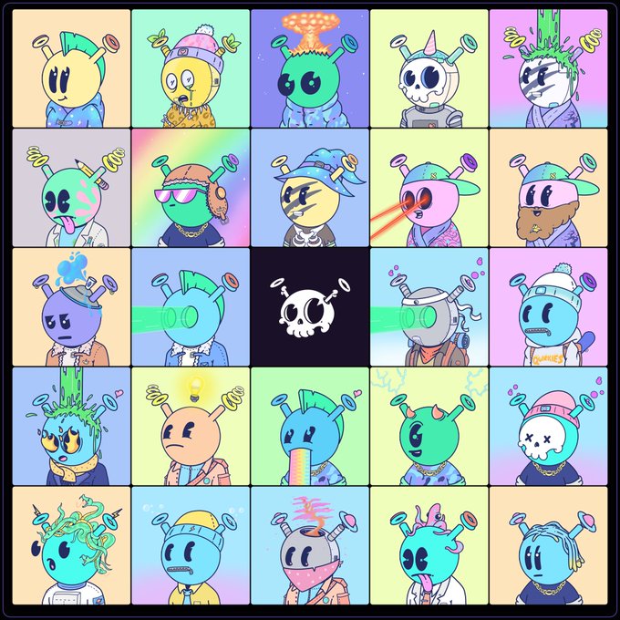 A grid of 25 colorful cartoon alien-style character variations with different hats, expressions, and accessories arranged in a 5x5 layout.