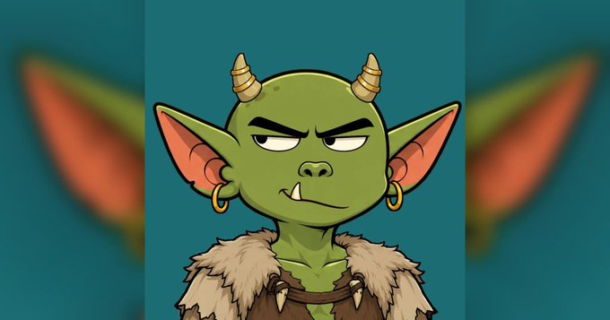 A cartoon illustration of a green goblin-like character with pointed ears, small horns, and a fur-collared outfit against a teal background.