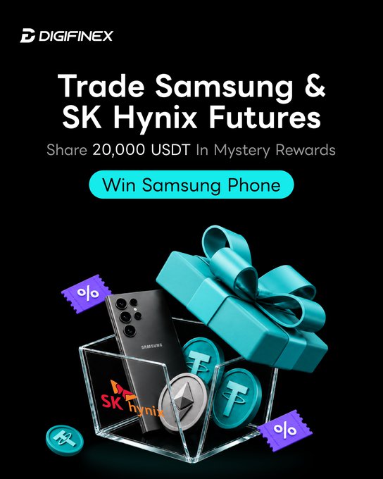 A Digifinex promotional banner advertises trading Samsung & SK Hynix Futures with a chance to share 20,000 USDT in mystery rewards and win a Samsung phone, featuring a gift box and crypto coins.