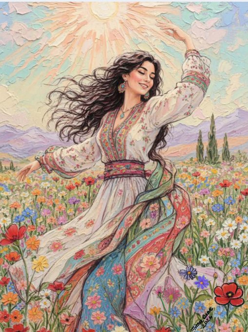 A joyful woman with flowing dark hair twirls in a vibrant floral dress through a field of wildflowers beneath a radiant sun. The painterly artwork, likely shared by the artist as a personal tribute, visually echoes the post's heartfelt sentiment of artistic connection and gratitude.