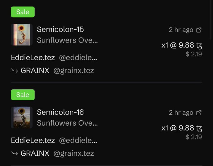 A dark-themed interface showing two 'Sale' entries for 'Semicolon-15' and 'Semicolon-16' NFT items by EddieLee.tez, both priced at '9.88 ₸' or '$ 2.19', transferring to GRAINX @grainx.tez.