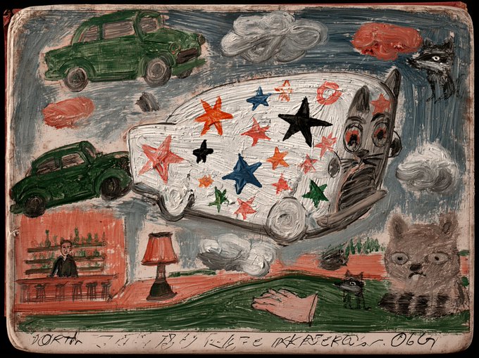 A naive-style painting featuring a large white van covered in colorful stars, alongside green cars, a lamp, a cat, and other small figures, with words 'NORTH' and 'OLGA' visible.