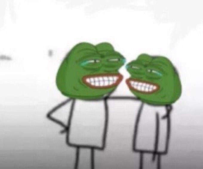 Two Pepe the Frog meme characters grinning widely side by side, symbolizing the celebratory mood over an NFT minting success mentioned in the post, where holders are excitedly watching the price climb past $500.