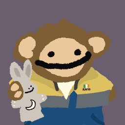 A simple pixel-art style illustration of a brown monkey character in a yellow and blue outfit holding a gray rabbit plush toy.