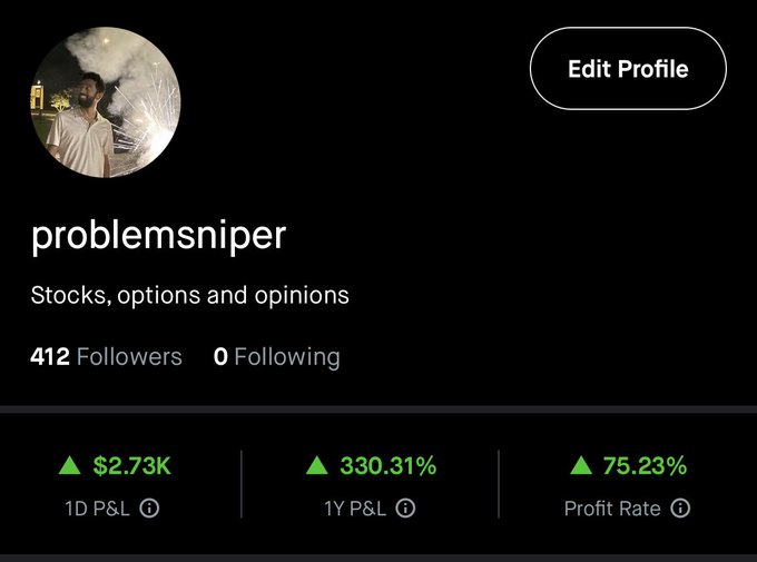The image shows a trading profile for "problemsniper" with the bio "Stocks, options and opinions," featuring 412 followers and 0 following, alongside impressive performance metrics: $2.73K in 1D P&L, 330.31% in 1Y P&L, and a 75.23% profit rate. This directly supports the post's boast about being up 330% YTD while criticizing another user (computeinvestor) for hiding their stats, using the visible 1Y P&L figure as proof of their trading success.