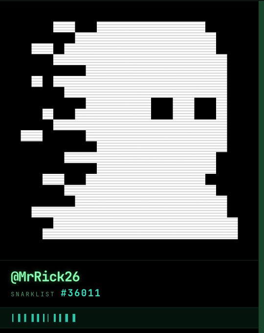 A pixel art image showing a disintegrating white skull/face against a black background, with the text '@MrRick26' and 'SNARKLIST #36011' at the bottom.