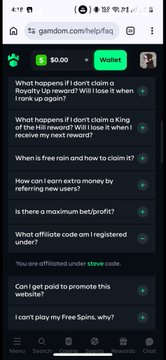 Another view of the gamdom.com/help/faq page on a mobile browser, showing the same FAQ list including 'What happens if I don't claim a Royalty Up reward?' and noting affiliation under 'steve code'.