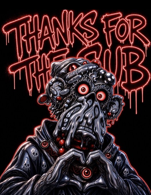 A dark, gothic illustration shows a skeletal, tentacled horror figure with glowing red eyes and skull motifs draped in shadow, beneath dripping red text reading "THANKS FOR THE SUB." The macabre artwork visually amplifies the post's shoutout to @BadMommyMeta, framing the new subscriber with a sinister, cultish aesthetic that fits the eerie "tribe" vibe.