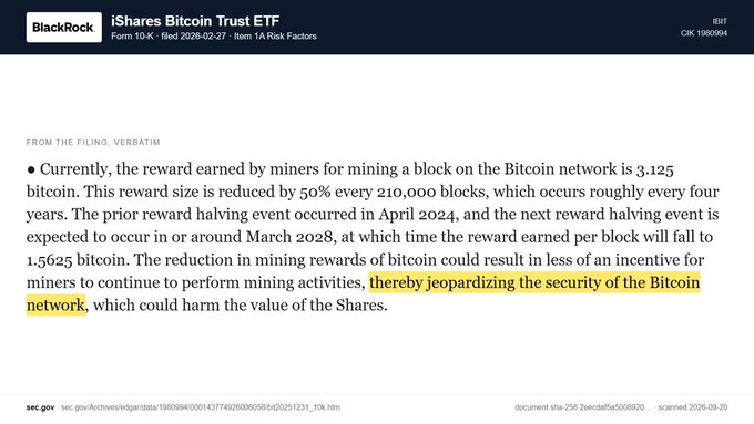 A screenshot of BlackRock's iShares Bitcoin Trust ETF (IBIT) Form 10-K filing displaying risk disclosures, highlighting language warning that reduced mining rewards from Bitcoin's halving events "could result in less of an incentive for miners to continue to perform mining activities, thereby jeopardizing the security of the Bitcoin network."