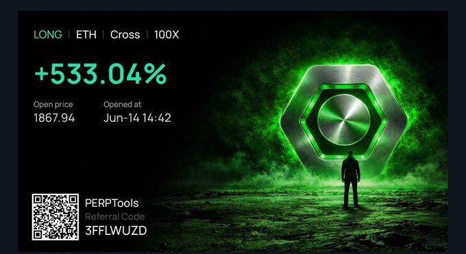A crypto trading advertisement showing +533.04% returns on a LONG ETH Cross 100X position opened at 1867.94 on Jun-14, with a referral code '3FFLWUZD' and QR code for PERPTools.