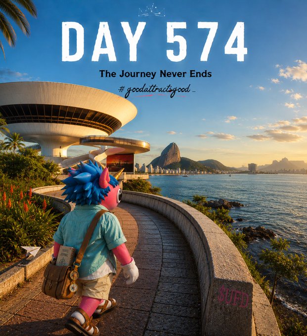 A vibrant 3D-rendered scene titled 'DAY 574 - The Journey Never Ends' showing a blue-haired character in a pink outfit walking along a curved path with a view of Rio de Janeiro and Sugarloaf Mountain.