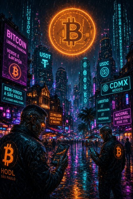 A cyberpunk-style neon digital art piece depicting a futuristic cityscape with two Bitcoin-themed figures in leather jackets, featuring glowing signs for Bitcoin, USDT, USDC, and various cities like São Paulo and Mexico City.