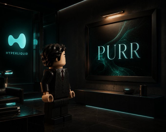 The image features a man dressed in a suit standing in front of a television screen displaying the word "PURR" written in white letters. The room has dark colors, giving it an industrial or futuristic feel. There are also other people present in the scene but they are not the main focus.