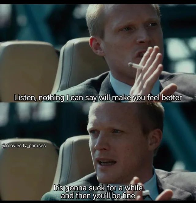 Two panels show a man in a suit smoking a cigarette, with subtitles reading "Listen, nothing I can say will make you feel better" and "It's gonna suck for a while and then you'll be fine" — a blunt reassurance that mirrors the post's tough-love message to $LIT shorters on a Sunday.