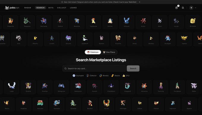 A screenshot of the pokes.run marketplace showing a grid of various Pokémon and One Piece NFT collectible characters, with a "Search Marketplace Listings" bar in the center.