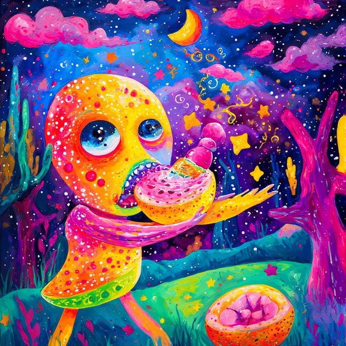 Vibrant, colorful painting of a whimsical yellow creature holding a pink frosted donut with sprinkles, set against a starry night sky with pink clouds, a crescent moon, and fantasy flora.