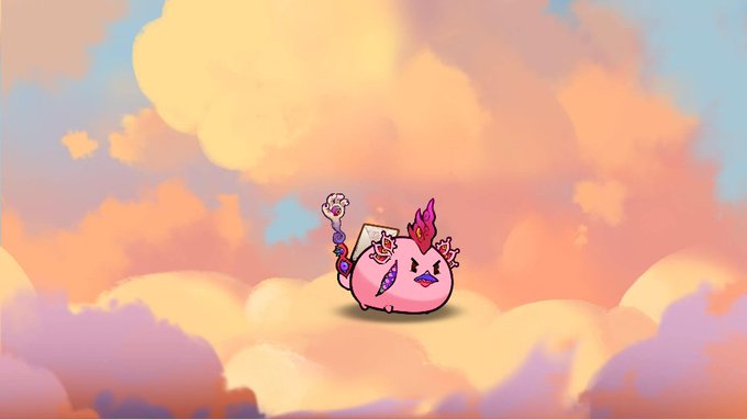 A pink axie creature with four nightmare parts floats on a cloud among a dreamy pastel sky, illustrating the post's point about a specially bred Axie Infinity creature designed to boost popularity and stand out in a market of over 12 million axies.