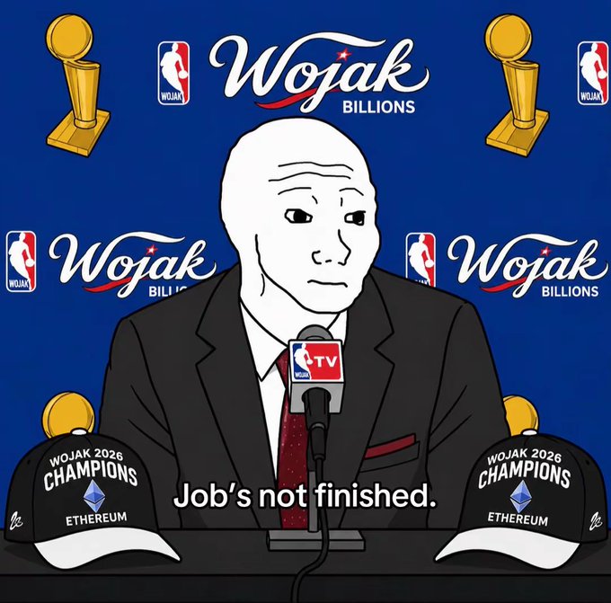 A Wojak meme image parodying an NBA championship press conference, showing a Wojak figure at a 'WOJAK TV' podium with 'WOJAK 2026 CHAMPIONS ETHEREUM' hats and the caption 'Job's not finished.'