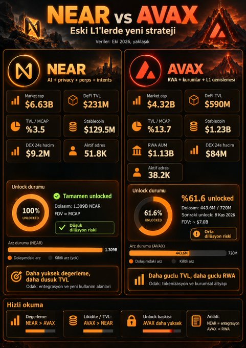 Turkish comparison infographic titled 'NEAR vs AVAX' evaluating NEAR ($6.63B market cap, $231M DeFi TVL) against AVAX ($4.32B market cap, $590M DeFi TVL) for Q4 2026.