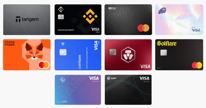 A collection of cryptocurrency debit cards including Tangem, Binance, OKX, MetaMask, Coinbase, Crypto.com, Solflare, and Jupiter, displayed in various colors and designs.