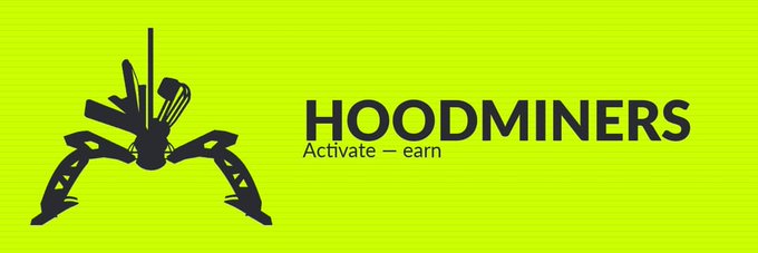 A bright yellow-green banner for 'HOODMINERS' with the tagline 'Activate – earn' and a black logo resembling a stylized hooded figure.