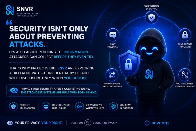 The image is a promotional graphic for SNVR (Stealth Network for Vault Relay), featuring a hooded mascot holding a shield with a lock icon, alongside the tagline "SECURITY ISN'T ONLY ABOUT PREVENTING ATTACKS." It highlights features like "Confidential by Default," "Chat Privately," "Send Private Payments," "Private Swaps with GhostSwap," and "Route Securely with Relay Engine," reinforcing the post's message about reducing attackers' information access through confidentiality rather than relying solely on attack prevention.

The accompanying text aligns with the visual's emphasis on privacy and security working together, emphasizing that SNVR's confidential-by-default approach addresses the trade-offs of public blockchain transparency mentioned in the post.