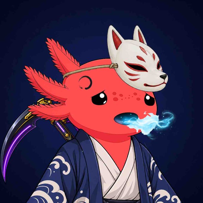 A red axolotl character in a blue kimono with white wave patterns, wearing a white kitsune (fox) mask on its head, with blue flames coming from its mouth and a purple scythe behind it.