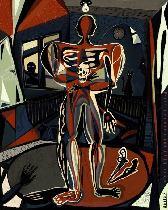 A cubist-style illustration of an anatomical figure with exposed ribcage and skull in a room, featuring a clock, window, cats, and disjointed limbs, signed "BEISS" in the bottom right corner.