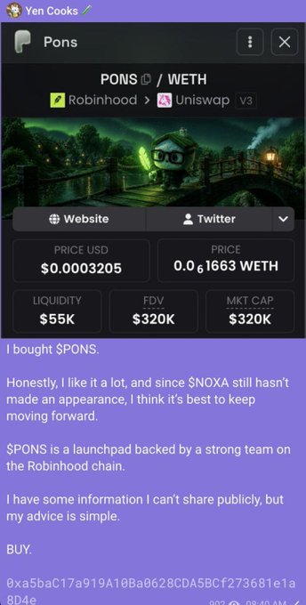 The image shows a Telegram post by "Yen Cooks" promoting $PONS token (PONS/WETH pair on Robinhood/Uniswap v3) with a $320K FDV and market cap, while the accompanying caption boasts about the poster's track record of calling successful meme coin picks at low market caps.