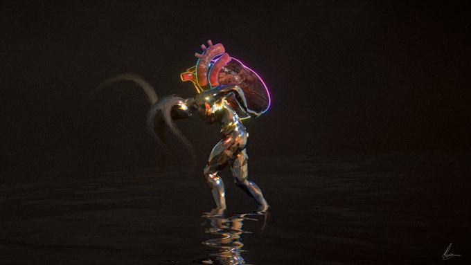 A digital art piece depicting a chrome/silver humanoid figure carrying an anatomical glowing heart on its back against a dark background.