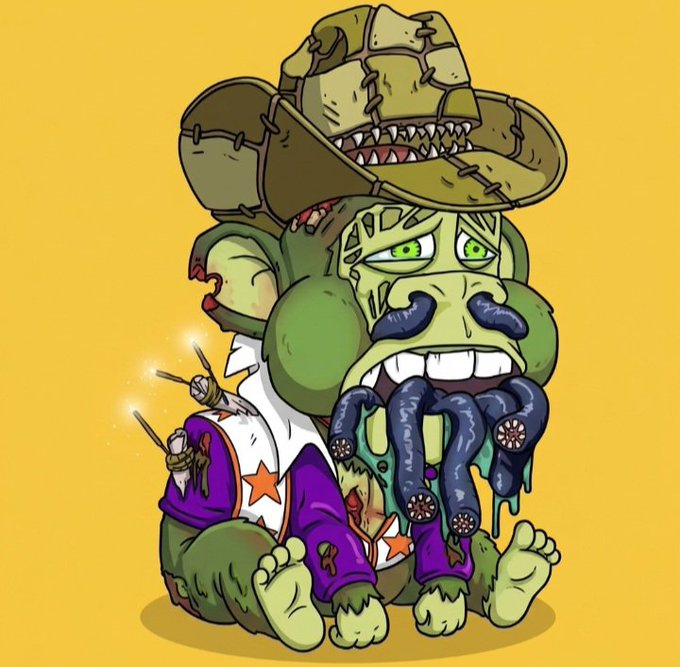 Cartoon illustration of a grotesque zombie-like character wearing a large stitched hat, purple jacket with stars, with exposed teeth and blue tentacles emerging from its mouth on a yellow background.