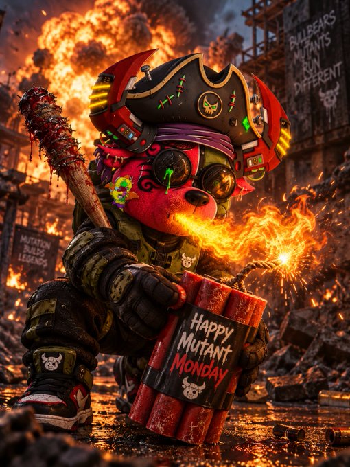 A 3D-rendered mutant character wearing a spiked helmet and breathing fire, holding a baseball bat and a bundle of dynamite labeled 'Happy Mutant Monday' in a fiery, destroyed cityscape with graffiti reading 'MUTATION BUILDS LEGENDS' and 'BULLBEARS MUTANTS RUN DIFFERENT'.